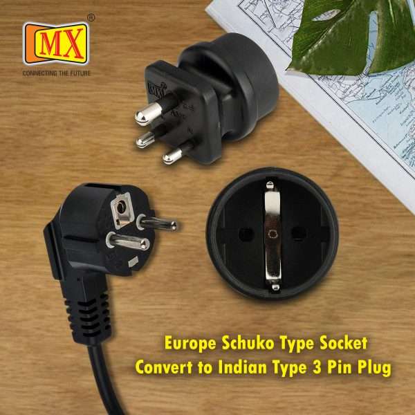 MX European (Schuko) to India Plug Adapter 15 Amp- Convert European Type E/F Input to India Type D Three Prong Output Connection, Black (MX 3519)