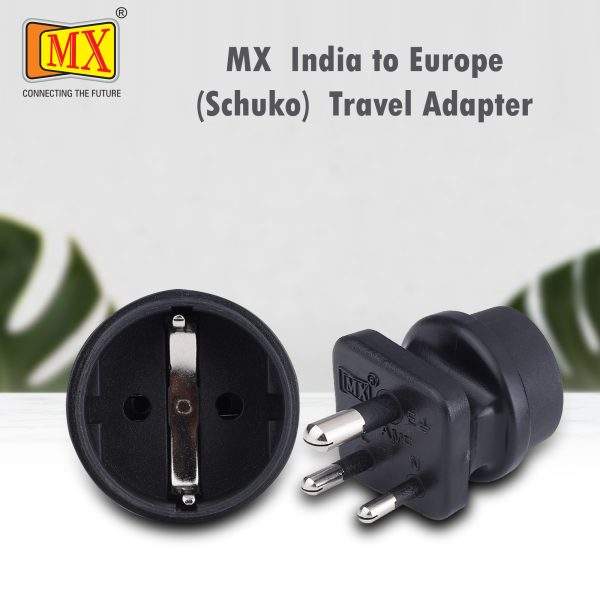 MX European (Schuko) to India Plug Adapter 15 Amp- Convert European Type E/F Input to India Type D Three Prong Output Connection, Black (MX-3519) Pack of 1