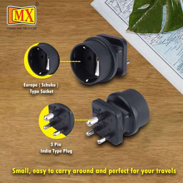 MX European (Schuko) to India Plug Adapter 15 Amp- Convert European Type E/F Input to India Type D Three Prong Output Connection, Black (MX-3519) Pack of 1