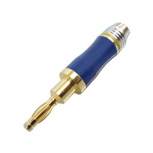 MX 4mm Banana Male Connector in Blue and Pale Chrome, with Metal Cap for 6mm Cable