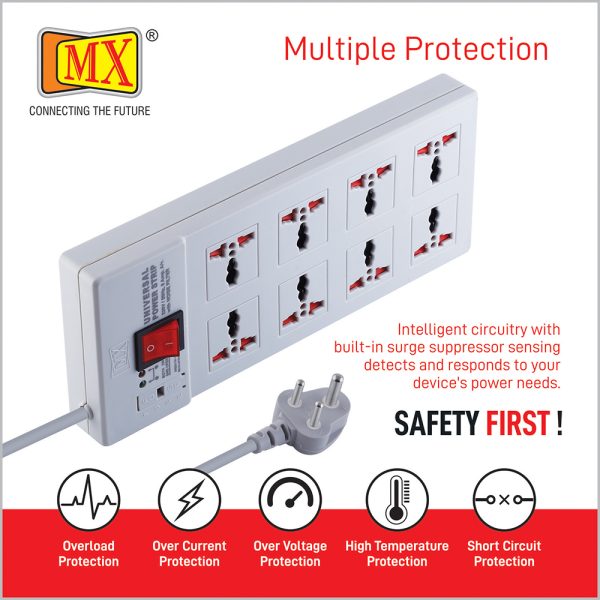 MX Power Strip with 8 Universal Socket, Master Switch, Power Indicator, And Child Safety Shutter 1.5 meters Power Cord