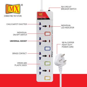 MX 4 Way Outlet Power Strip with Universal Socket - Individual Switch with Circuit Breaker Protection Spike Guard Extension Board - 3 meters Power Cable - 5 amperes