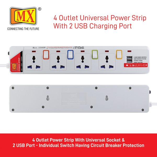 MX 4 Way Power Strip with Universal Socket & LED Indicator Individual Switch with Circuit Breaker Protection Spike Guard & 2 USB Charging Port (2100mA+5Vdc) with Child Safety Shutter - 1.5 Meters