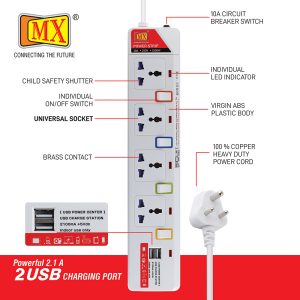 MX 4 Way Power Strip with Universal Socket & LED Indicator Individual Switch with Circuit Breaker Protection Spike Guard & 2 USB Charging Port (2100mA+5Vdc) with Child Safety Shutter - 1.5 Meters