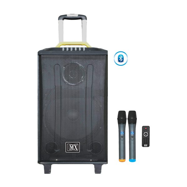 MX 12 Inches Wooden Multimedia Trolly Speaker with two Wireless Microphone & Bluetooth, USB & Aux Connectivity