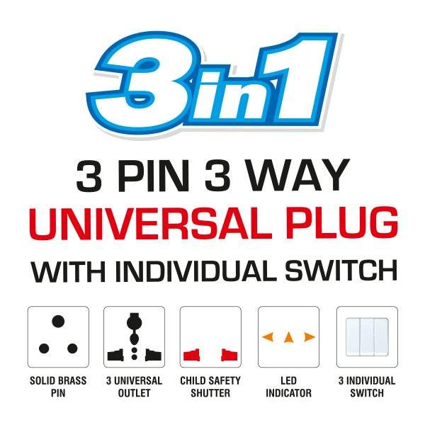 MX Universal Conversion Multiplug with Individual Switch - 3 PIN 3 Way Plug for Home, Office and Industrial Uses