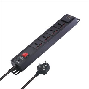 MX 4-Outlet Power Distribution Unit with Universal Socket (6 Amp) and 2 USB Ports (2.1A), featuring a Master Switch, Child Safety Shutter, Power Strip, Industrial Standard Aluminum Extrusion Body.