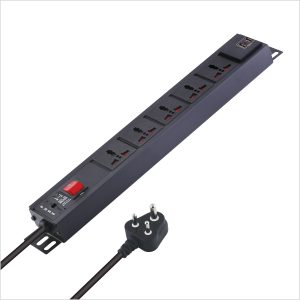 MX 5 Outlet Power Distribution Unit with Universal Socket, 6 Amp Rating, and 2 USB Ports (2.1A) featuring a Master Switch, Child Safety Shutter, Power Strip, and Industrial-Standard Aluminum Extrusion Body. It can be wall-mounted or desk-mounted and comes with a Heavy-Duty 1.5-Meter Power Cord.