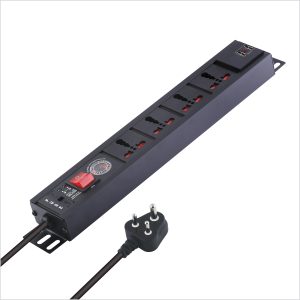 MX 4-Outlet Power Distribution Unit with Universal Sockets, 16 Amp Spike Protector, Child Safety Shutter, Switch, and 2-Port USB Charger (2.1A), along with a Spike Suppressor MOV. Comes with a 1.5-meter cable.