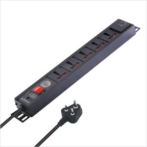 MX 5-Outlet Power Distribution Unit with Universal Sockets, Surge Protector (16A), Child Safety, Switch, and 2-Port USB Charger (2.1A), with 1.5m power cord.