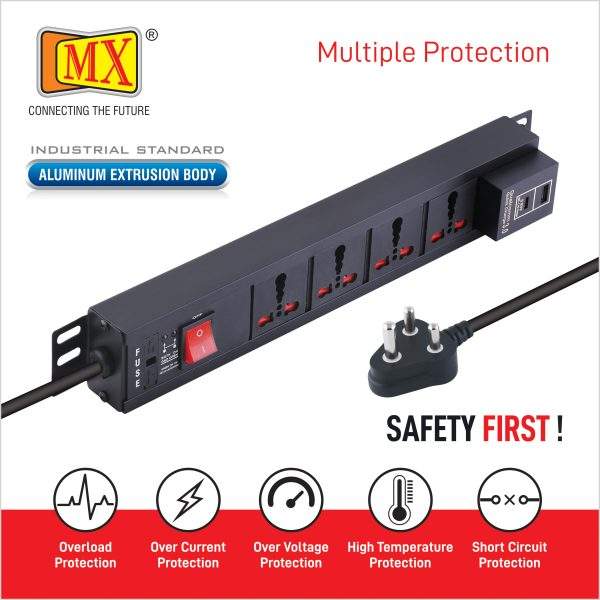 MX 4-Outlet Power Distribution Unit: 15A Universal Socket, USB-C PD 95W + USB-A Port, Fuse, Master Switch, Wall Mount, 1.5m Cord.