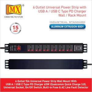 MX 6-Outlet Power Unit: 15A Universal Socket, USB-C PD 95W + USB-A Port, Fuse, Master Switch, Wall Mount, 1.5m Cord.