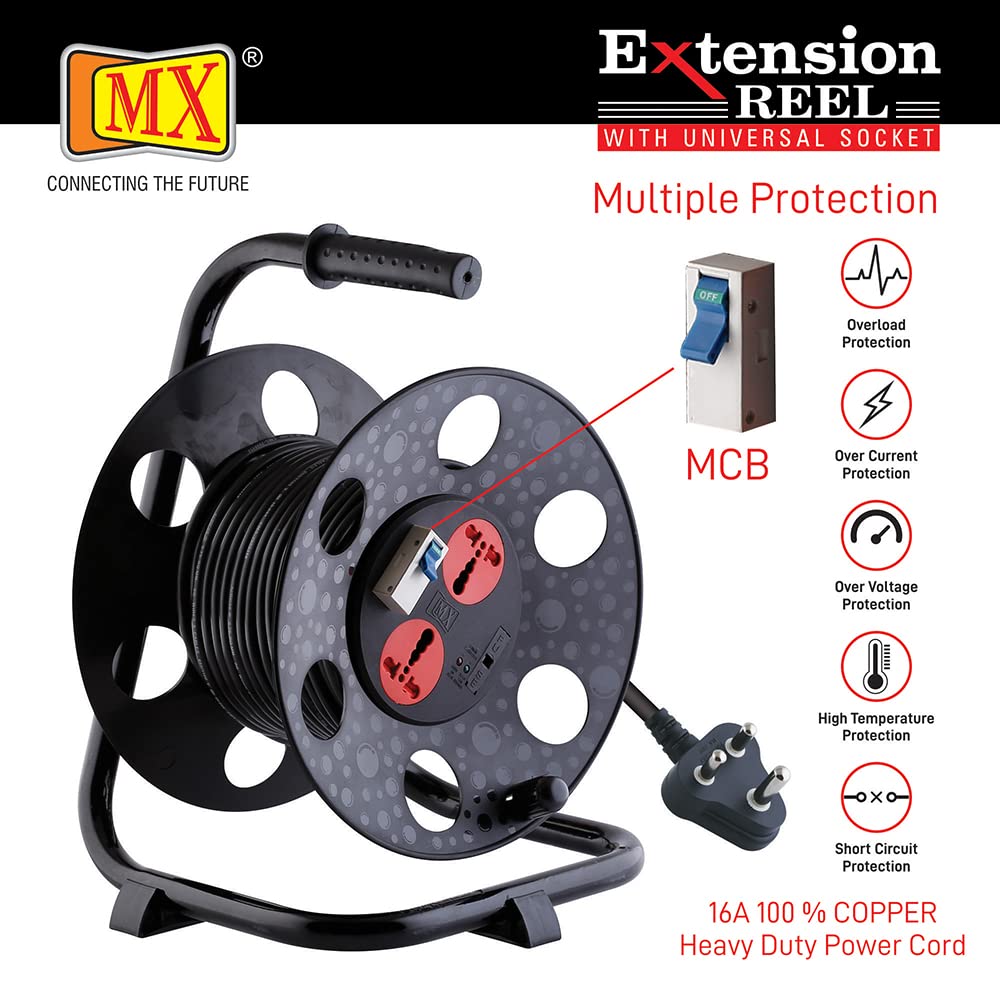 MX 2 Outlet Universal 15 Amp Sockets Extension Reel / Extension Board with  Single Pole 32 Amp MCB Switch 50 Meter – 3 pin – 16 Amp Power Cord  (MX-3156D MCB) - MX MDR TECHNOLOGIES LIMITED