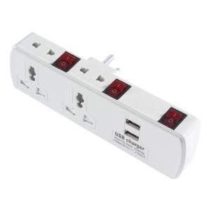 MX 3 Pin 6 Outlets Universal Adaptor ( 2 sockets of 2 Pin + 2 Sockets of 2 Pin + 2 Sockets of USB Charger DC 5V - 2 Amp ) With Individual Switch