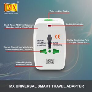 MX Universal Travel Adapter, Worldwide All over 150 International Countries with LED & Child Safety Shutter-Universal Socket Compatible in UK, Europe, USA, Australia, China, Japan & Thailand