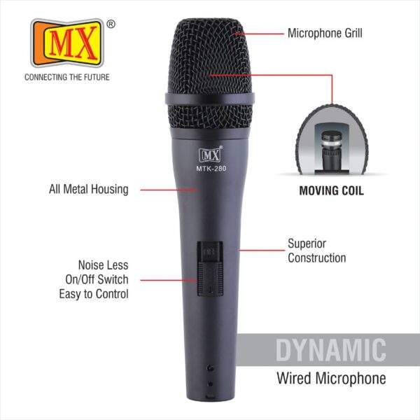MX Vocal Dynamic Wired Microphone for Vocal & Speech Purposed (Pack of 1 Pcs) (BLACK-MTK-280)