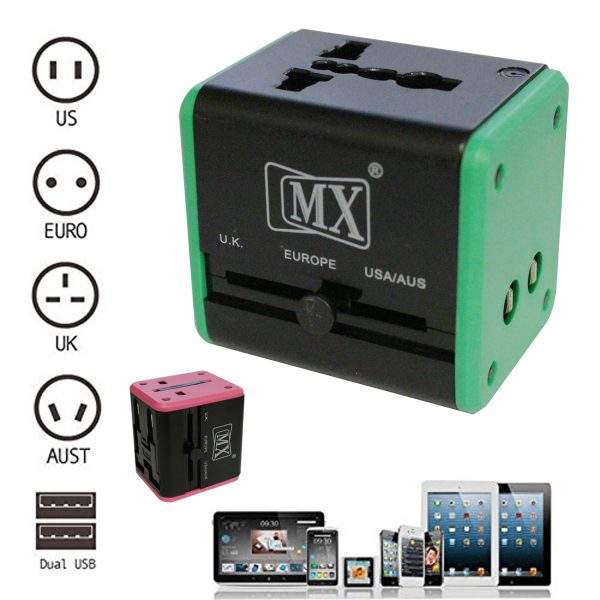 MX 4 in 1 Universal Travel Adapter with 2 USB Ports, Built-in Fuse & Surge Protector, International Conversion Plug Used Worldwide with Multi Type Power Outlet USB 2.1A, 100-250V, (MX-4024)