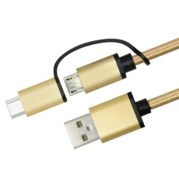 MX USB A MALE TO USB TYPE C+ MICRO USB 2 IN ONE CORD METAL SHELL - 1 Meters