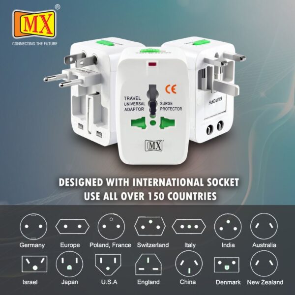 MX Universal Travel Adapter, Worldwide All over 150 International Countries with LED & Child Safety Shutter-Universal Socket Compatible in UK, Europe, USA, Australia, China, Japan & Thailand