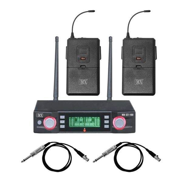 MX Professional UHF Dual Wireless Cordless Microphones with 2 Lapel Mic Sets and 2 XLR to Mono cables are Suitable for electric Guitar Bass Violin