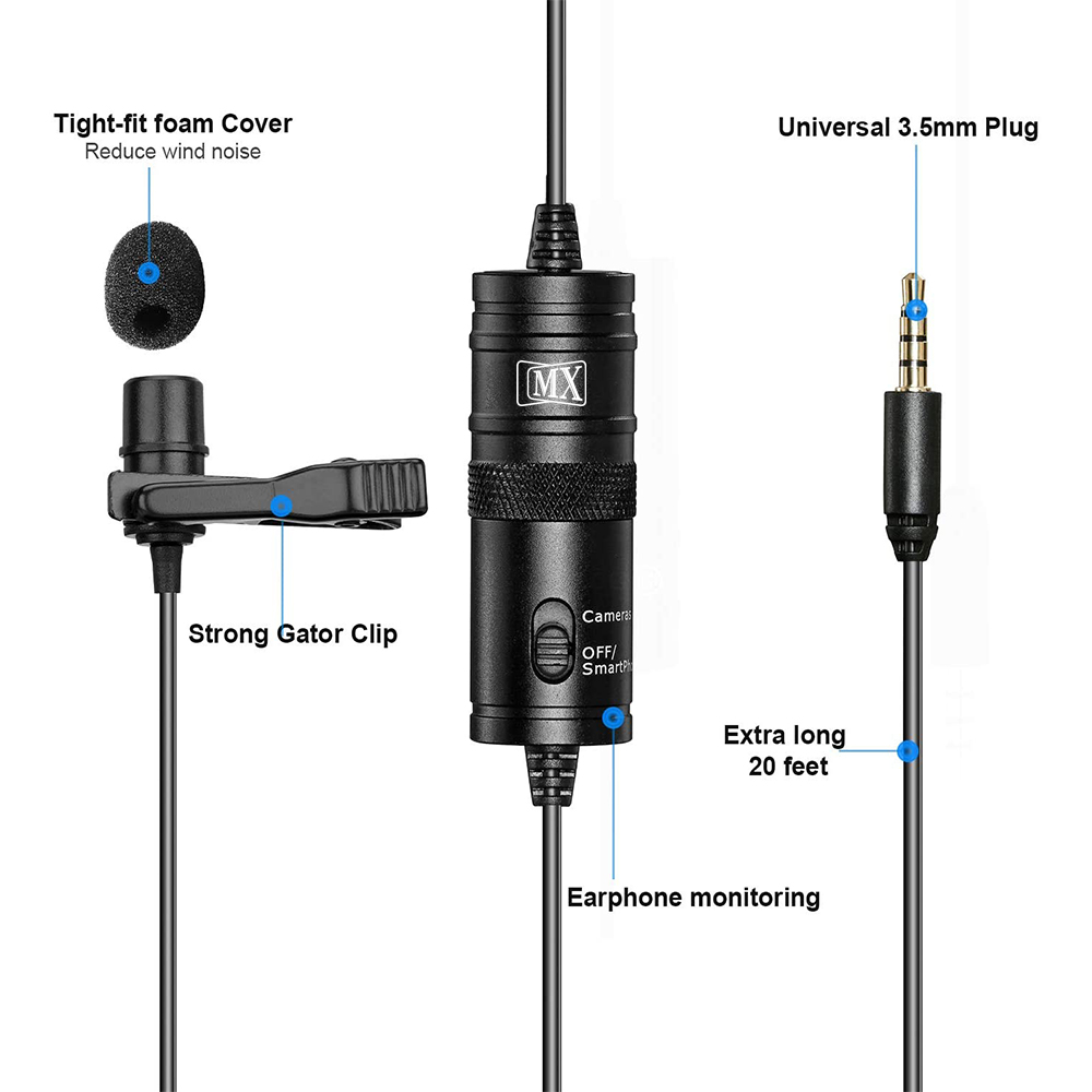 MX Omnidirectional Condenser Clip-on Lapel Mic Lavalier Microphone  Compatible with iPhone 11 & Android Smartphone & Digital Cameras