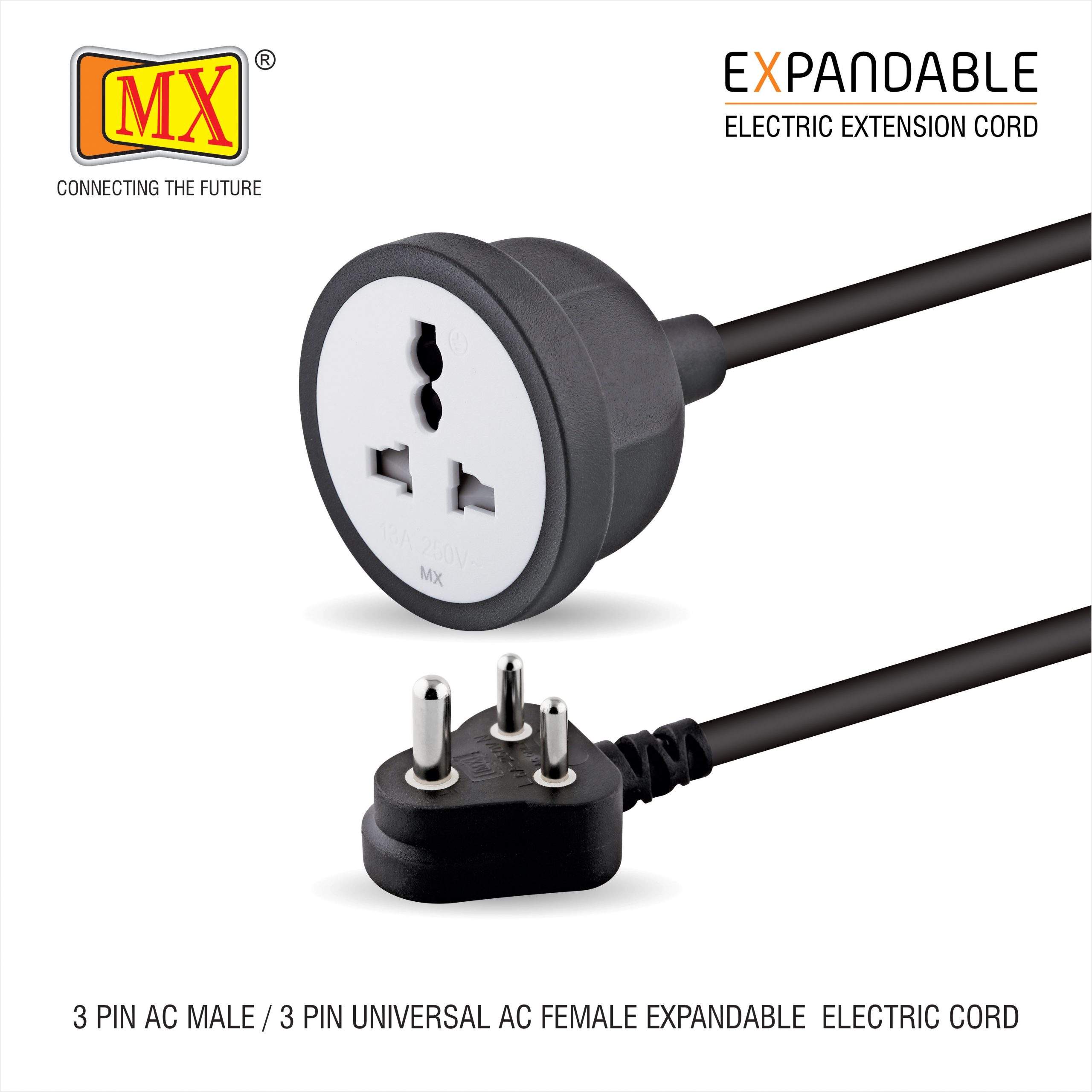 MX Extension Board with 3M Heavy Duty Long Wire Cord, Single Outlet Socket  2500W 10A Expandable Electric Extension, 3 Pin Plug with Surge Protection &  Child Safety Shutter, Black - MX MDR