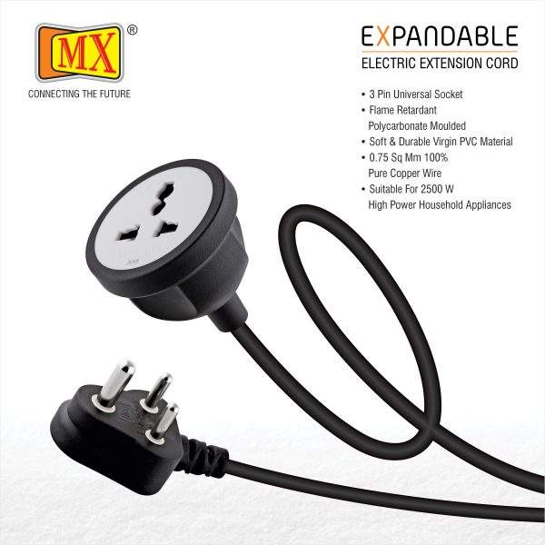 MX Extension Board with 10M Heavy Duty Long Wire Cord, Single Outlet Socket 2500W 10A Expandable Electric Extension, 3 Pin Plug with Surge Protection & Child Safety Shutter, Black