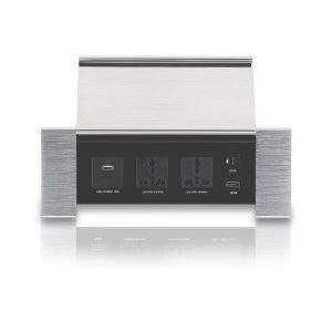 MX Flip Type cable cubby pop up box with 2 Universal Power Sockets, 2 USB (Type A + Type C) 18W PD Charging Port, 1 LAN & 1 4K HDMI Port for Conference Table, hotel rooms, office meeting table, etc. for media streaming. ( MX 7008 Sliver)