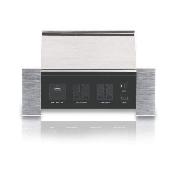 MX Flip Type cable cubby pop up box with 2 Universal Power Sockets, 2 USB (Type A + Type C) 18W PD Charging Port, 1 LAN & 1 4K HDMI Port for Conference Table, hotel rooms, office meeting table, etc. for media streaming. ( MX 7008 Sliver)