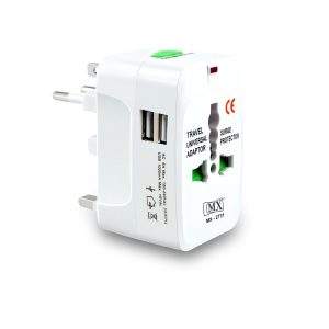 MX Universal Worldwide Travel Adapter inbuilt Surge Protector with Dual USB Port, LED & Child Safety Shutter-Universal Socket for UK, Europe, USA, Australia, China, Japan & Thailand (White)