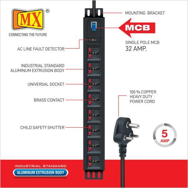 MX 8-Outlet Power Distribution Unit with Single Pole MCB 5 AMP - Universal Socket (10 Meters)