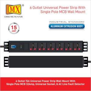 MX 6-Outlet Power Distribution Unit Universal Power Strip 15 AMP with Single Pole MCB - 10 Meters