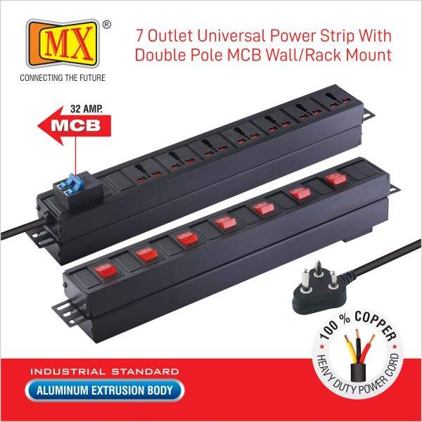 MX 7-Socket Universal Power Distribution Unit (PDU) 15 Amperes with Individual Switches & Dual Pole 32 Amp MCB - 5m Power Cable