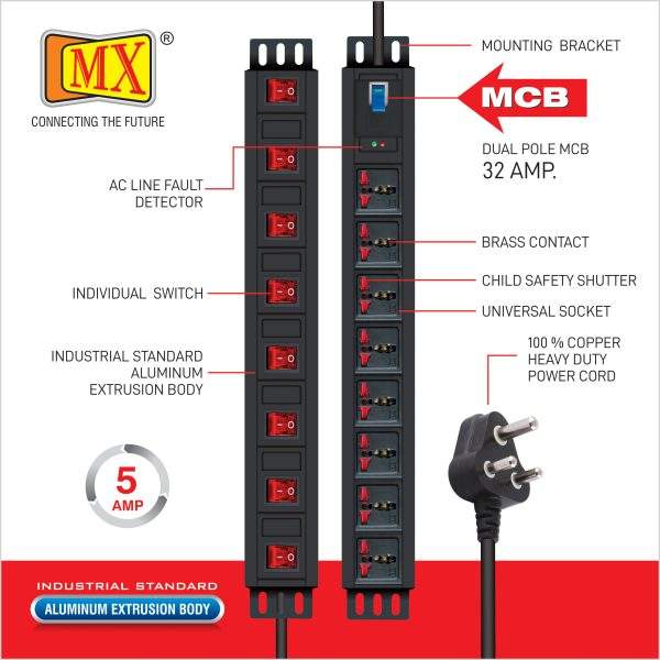 MX 8-Socket Universal Power Distribution Unit (PDU) - 5 Amp with Individual Switches & Single Pole 32 Amp MCB - 5m Power Cord