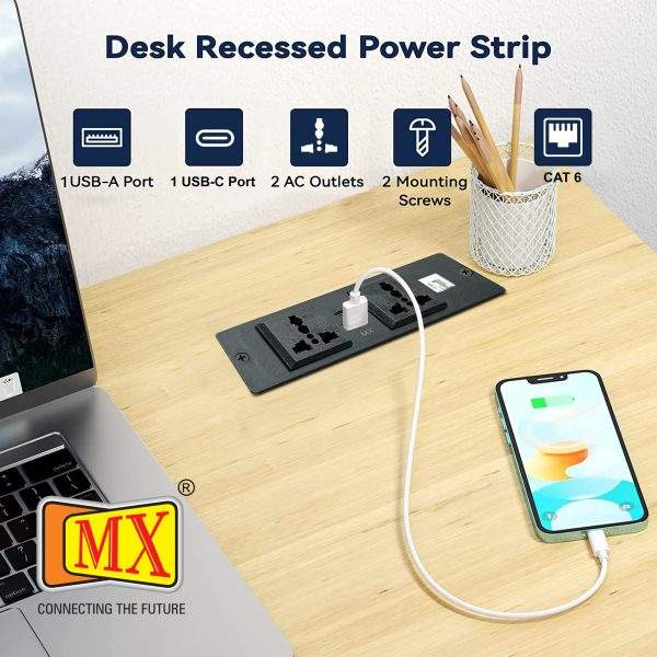MX Pop Up Box/Cable Cubby/Extension Board with Switch 2 Universal Power Socket -13 Amp + 1 CAT 6 + USB C -30W + USB A-30W Cutout 156x50 MM (Black) ( MX 7015 )