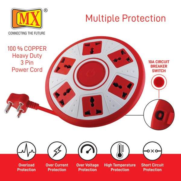 MX Multi Direction Extension Board 6 Outlet 6AMP Socket 5 Amperes Plug Heavy Duty Cord 2 Meter Surge Protector, On/Off Master Switch with LED Indicator, Virgin Plastic Body