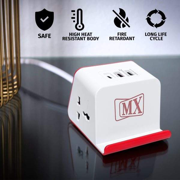 MX Extension Board Universal Socket with (1 USB-5v 3.4A / 1 USB 2.4A) Charging Ports Spike Protector Safety Shutter (2 Sockets + 2USB + 1 USB C) -Multi Plug Socket - 3 meters