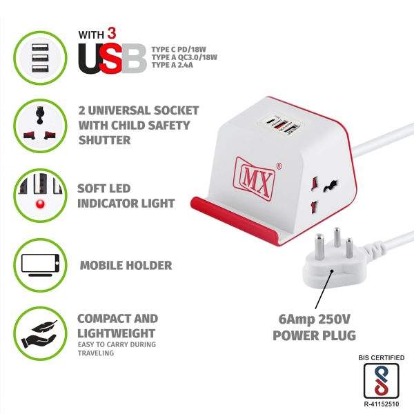 MX Extension Board Universal Socket with (1 USB-5v 3.4A / 1 USB 2.4A) Charging Ports Spike Protector Safety Shutter (2 Sockets + 2USB + 1 USB C) -Multi Plug Socket - 3 meters