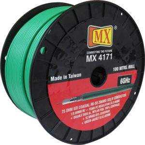 MX 75 Ohms 6 GHz Shielded– UHDTV / HD-SDI / SDI Coax Cable RG-59 : 20 AWG Solid Copper Conductor with Green PVC Jacket Cable – OD : 5.92mm - 100 Meter Roll (UL) E304564 CMG ROHS MADE IN TAIWAN (MX-4171)