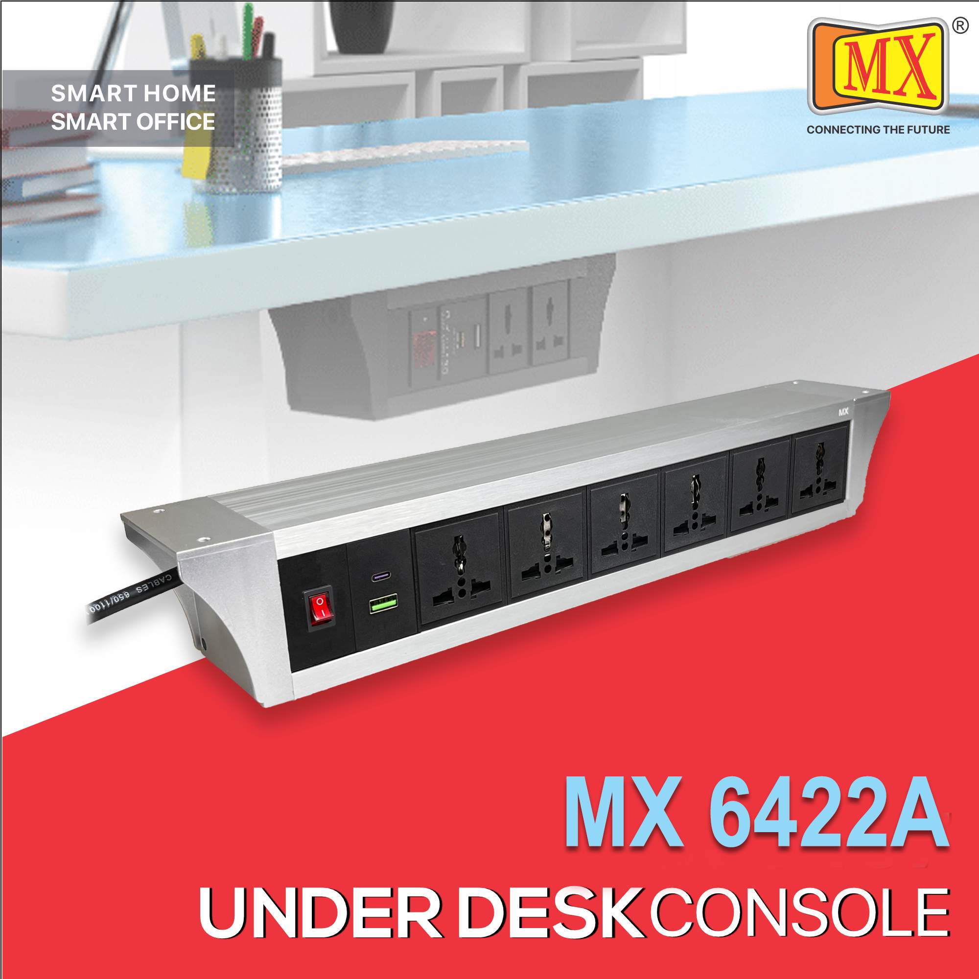 MX PDU Under table 6/13 Amps 6 Universal Socket, 2 USB (2.4 Amp) with 30W  PD Charger, Dual Pole LED Indicator Switch