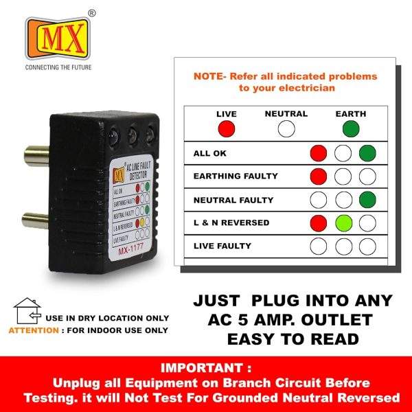 MX AC Electrical Line Fault Detector 5AMP 3 Pin Socket Tester with Automatic Earthing & Neutral Faulty | L&N Reversed | Live Faulty Detector with RYG Led Indicator Wall Plug- MX 1177 (Black, Pack of 2)