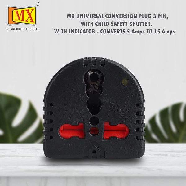 MX 3 Pin Universal Conversion Plug Converts Power 5 AMP to 15 AMP Plug, Flame Retardant Body Material with Child Safety Shutter & LED Indicator, Travel Adaptor, Multi- Use Socket Connector (MX 1359 Pack of 2)