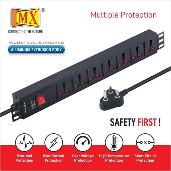 MX 7-Outlet Power Distribution Unit, 15 AMP Universal Socket with Child Safety Shutter, Power Strip, Industrial Standard Aluminum Extrusion Body - Wall Mount/Desk Mount, Heavy-Duty 1.5-Meter Power Cord.