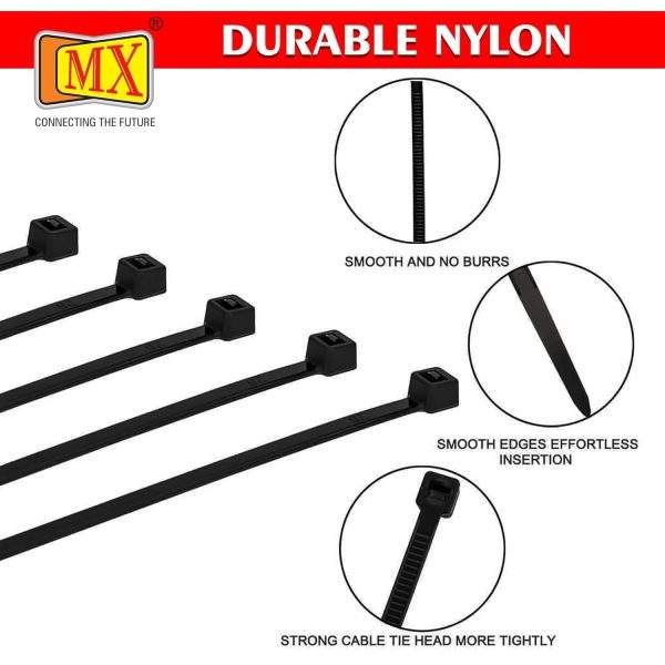 MX Teeth Grip Nylon Self Locking Cable Ties, Black (101 mm x 2.5 mm, 4 inch, Pack of 1000)- Heavy Duty Strong Zip Wire Fastener Organizer Tie, Cable Management Uses in Home & Offices etc- (MX-3466)
