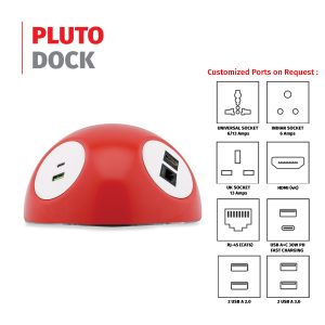 MX Pluto Grommet Power Hub With Bottom LED Glow: 2 Universal Sockets, 1 HDMI, and 1 CAT6 port (WITHOUT LOCKING CLASP RING)