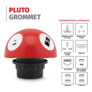 MX Pluto Grommet Power Hub With Bottom LED Glow: 2 Universal Sockets, 1 HDMI + 1 CAT6 Port (WITH LOCKING CLASP RING)