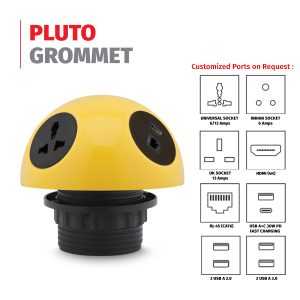 MX Pluto Grommet Power Hub: 2 Universal Sockets, 1 HDMI + 1 CAT6 Port (WITH LOCKING CLASP RING)