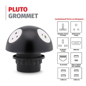 MX Pluto Grommet Power Hub With Bottom LED Glow: 2 Universal Sockets, 1 USB-A + USB-C 30W PD Charging (WITH LOCKING CLASP RING)