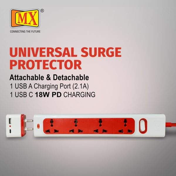 MX 7+1 Surge Protector with 4 universal socket / International Socket, Detachable 2 USB A + C 18W PD charging port (2.1A) with thermal protection & switch (4228 _ 3 MTR)