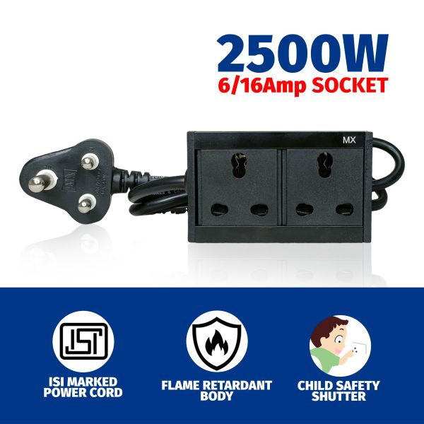 MX 2 Outlet Power Distribution Unit: 2500W, 6/16A Socket, 1.5m Power Cord, Child Safety Shutter, Flame Retardant Metal Body.